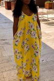 Yellow Sexy Casual Print Backless Spaghetti Strap Sleeveless Dress