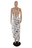 White Sexy Print Patchwork Halter Sleeveless Two Pieces