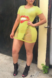 Yellow Sexy Print Ripped O Neck Pencil Skirt Dresses
