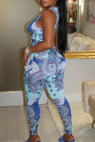 Light Blue Sexy Print Hollowed Out Patchwork Frenulum V Neck Skinny Jumpsuits