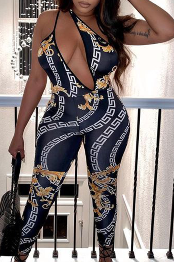 Black Sexy Print Patchwork One Shoulder Skinny Jumpsuits