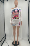White Fashion Casual Print Basic Oblique Collar Long Sleeve Two Pieces