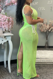 Green Sexy Solid Mesh Square Collar Irregular Dress Dresses