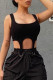 Black Sexy Solid Split Joint Metal Accessories Decoration Asymmetrical U Neck Tops