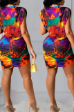 Multicolor Sexy Print Patchwork O Neck Short Sleeve Two Pieces