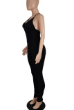 Burgundy Casual Solid Patchwork Spaghetti Strap Skinny Jumpsuits