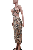 Snake Print Sexy Print Hollowed Out Split Joint Spaghetti Strap Dresses