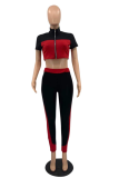 Red Sportswear Solid Patchwork V Neck Short Sleeve Two Pieces