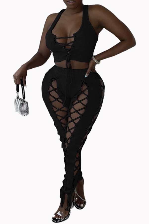 Black Sexy Solid Hollowed Out V Neck Sleeveless Two Pieces