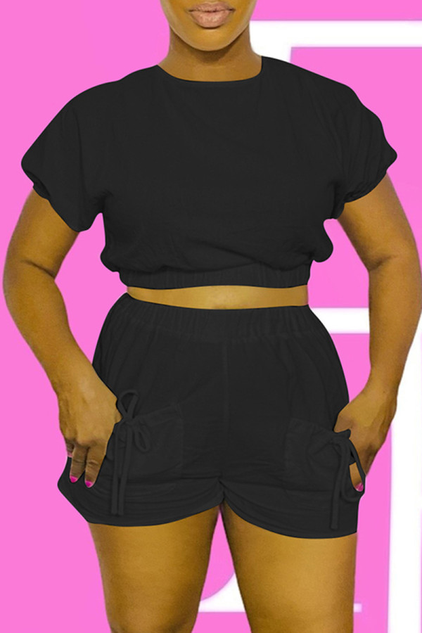 Black Fashion Casual Solid Bandage With Bow O Neck Short Sleeve Two Pieces