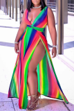 Rainbow Color Sexy Print High Opening V Neck Plus Size Dresses
