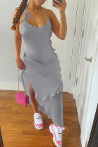 Grey Sexy Solid Flounce Spaghetti Strap Irregular Dress Dresses