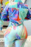 Blue Casual Print Patchwork Turndown Collar Long Sleeve Two Pieces