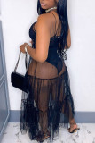 Black Sexy Solid Patchwork Mesh Spaghetti Strap A Line Dresses