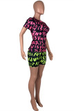 Pink Green Fashion Casual Print Basic O Neck Short Sleeve Two Pieces