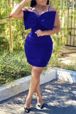 Blue Sexy Solid Split Joint Spaghetti Strap Pencil Skirt Dresses