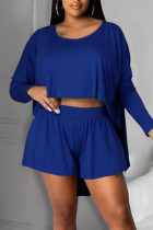 Blue Casual Solid Split Joint Asymmetrical O Neck Long Sleeve Two Pieces