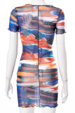 Multicolor Sexy Print Patchwork See-through O Neck Pencil Skirt Dresses