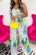 Turquoise Elegant Print Patchwork Spaghetti Strap Loose Jumpsuits