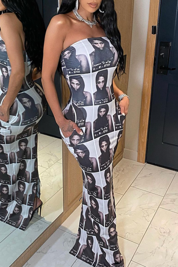 Grey Sexy Print Patchwork Strapless Trumpet Mermaid Dresses