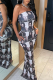 Grey Sexy Print Patchwork Strapless Trumpet Mermaid Dresses