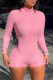 Pink Fashion Casual Solid Basic Zipper Collar Long Sleeve Skinny Romper