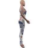 Pink Sexy Print Split Joint U Neck Skinny Jumpsuits