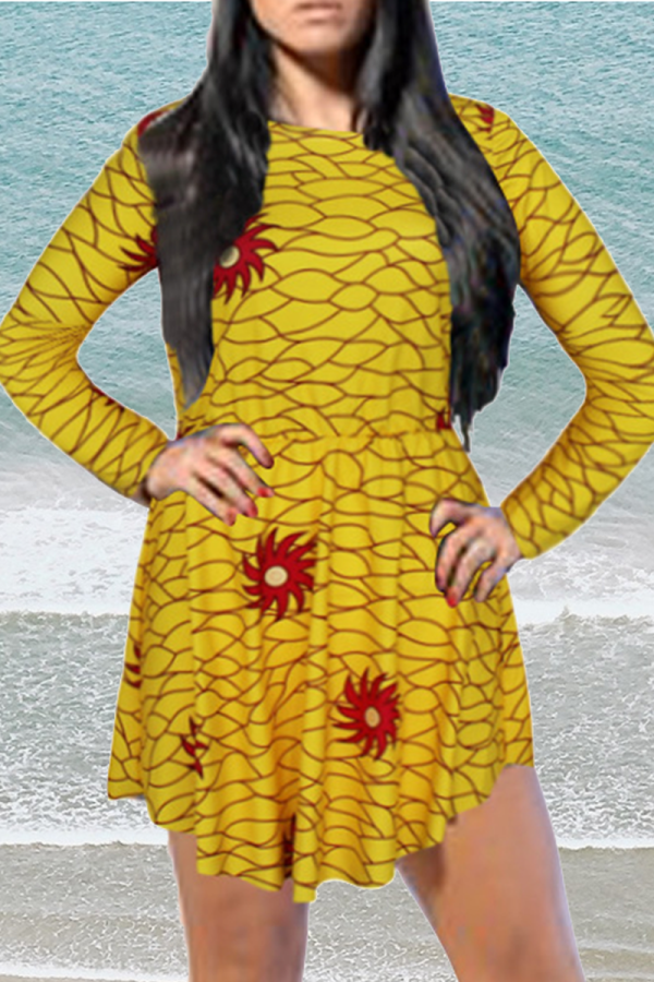 Yellow Casual Print Patchwork O Neck Straight Dresses