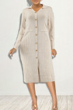 Apricot Fashion Casual Solid Buckle Turndown Collar Long Sleeve Dresses