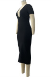 Black Sexy Casual Solid Basic V Neck Short Sleeve Dress