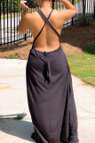 Blue Fashion Sexy Solid Backless V Neck Vest Dress