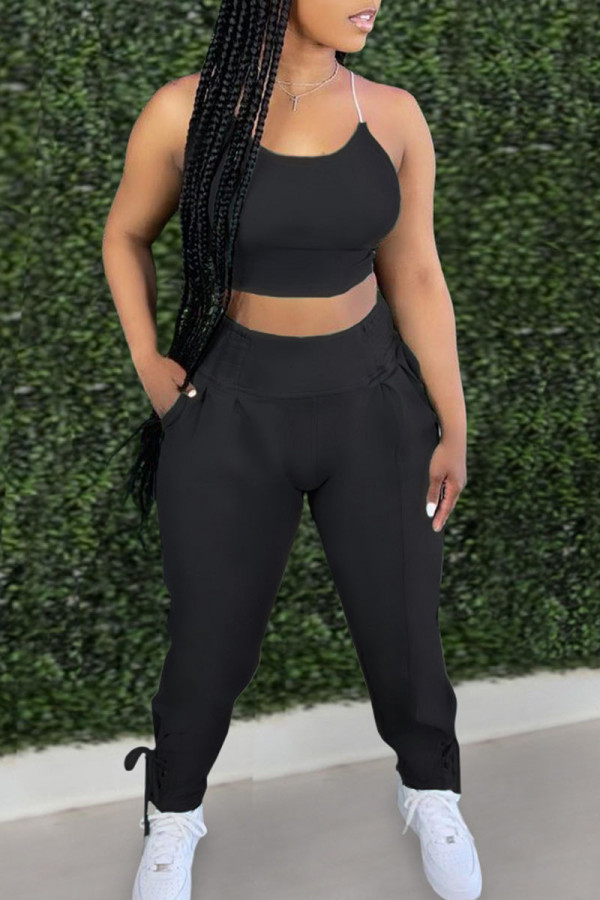 Black Street Solid Patchwork Frenulum U Neck Sleeveless Two Pieces