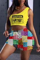 Yellow Black Fashion Casual Print Basic One Shoulder Sleeveless Two Pieces