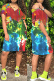 Red Fashion Casual Tie Dye Printing V Neck Short Sleeve Dress