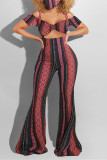 Burgundy Fashion Sexy Print Backless Strapless Short Sleeve Two Pieces
