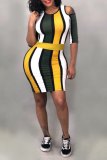 Yellow Sexy Striped Patchwork O Neck Pencil Skirt Dresses