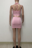 Pink Sexy Solid Hollowed Out Patchwork Frenulum Asymmetrical Collar Sleeveless Two Pieces