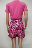 Rose Red Casual Print Split Joint O Neck Short Sleeve Two Pieces
