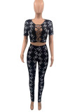Black Fashion Sexy Print Hollowed Out V Neck Short Sleeve Two Pieces