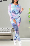 Fuchsia Fashion Casual Print Tie Dye Basic O Neck Long Sleeve Two Pieces
