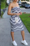 Black White Sexy Casual Striped Print Backless Strapless Sleeveless Dress
