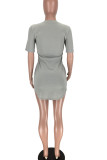 Grey Casual Print Patchwork Asymmetrical O Neck Pencil Skirt Dresses