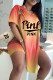 Yellow Fashion Casual Gradual Change Letter Print Slit V Neck Short Sleeve Two Pieces