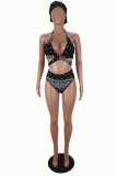 Red Sexy Print Hollowed Out Patchwork Swimwears