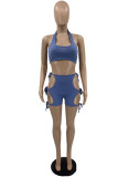 Grey Sexy Solid Bandage Hollowed Out Backless Halter Sleeveless Two Pieces