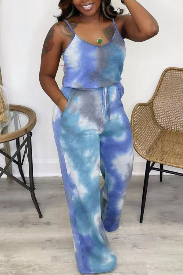 Blue Casual Tie Dye Patchwork Frenulum Spaghetti Strap Loose Jumpsuits