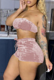 Pink Sexy Solid Patchwork Strapless Sleeveless Two Pieces