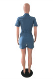 Baby Blue Fashion Casual Solid Pocket Zipper Collar Regular Denim Romper
