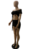 Rose Red Sexy Solid Mesh Off the Shoulder Short Sleeve Two Pieces