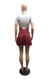 Red Casual Plaid Split Joint O Neck Short Sleeve Two Pieces